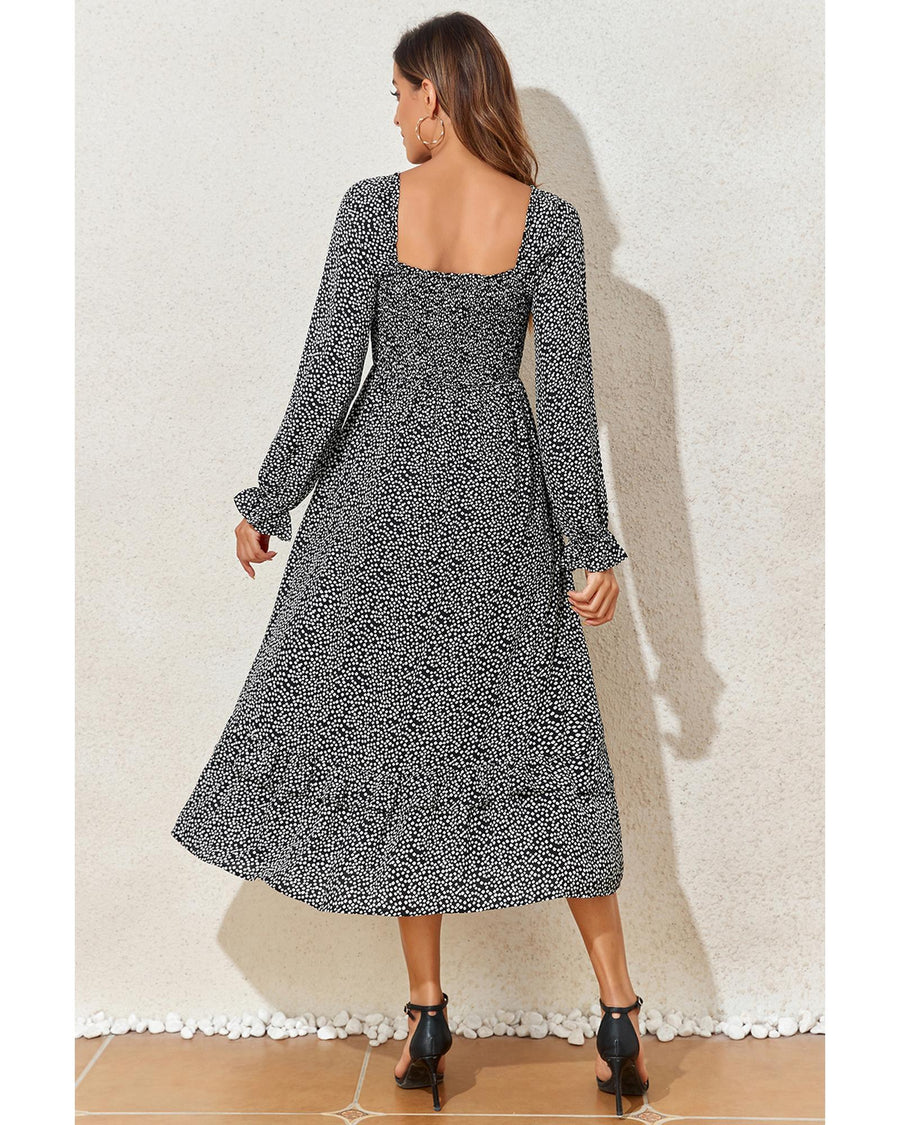 Black Floral Printed Long Sleeve Square Neck Midi Dress - S