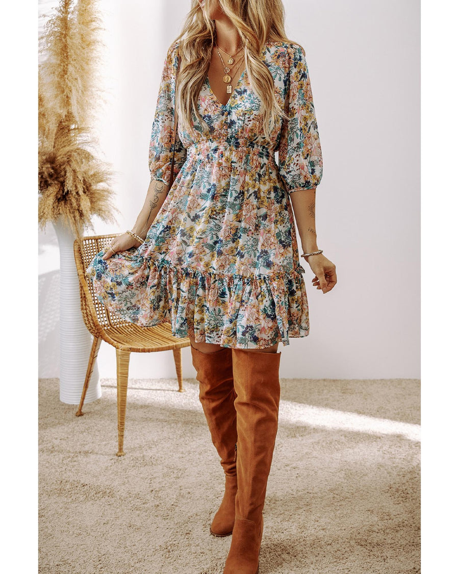 Sky Blue Floral 3/4 Sleeve V Neck High Waist Ruffled Dress - S