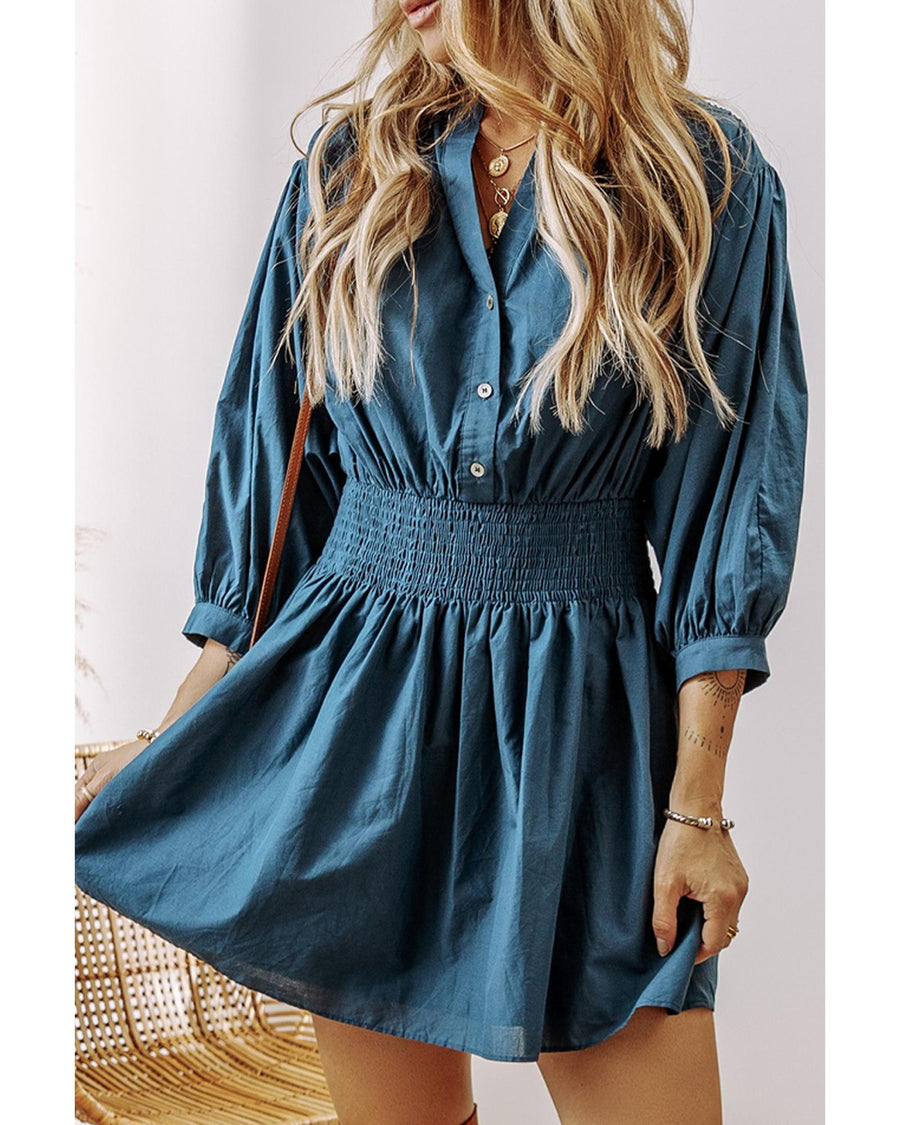 Prussian Blue 3/4 Sleeve Shirred High Waist Buttoned Mini Dress - L