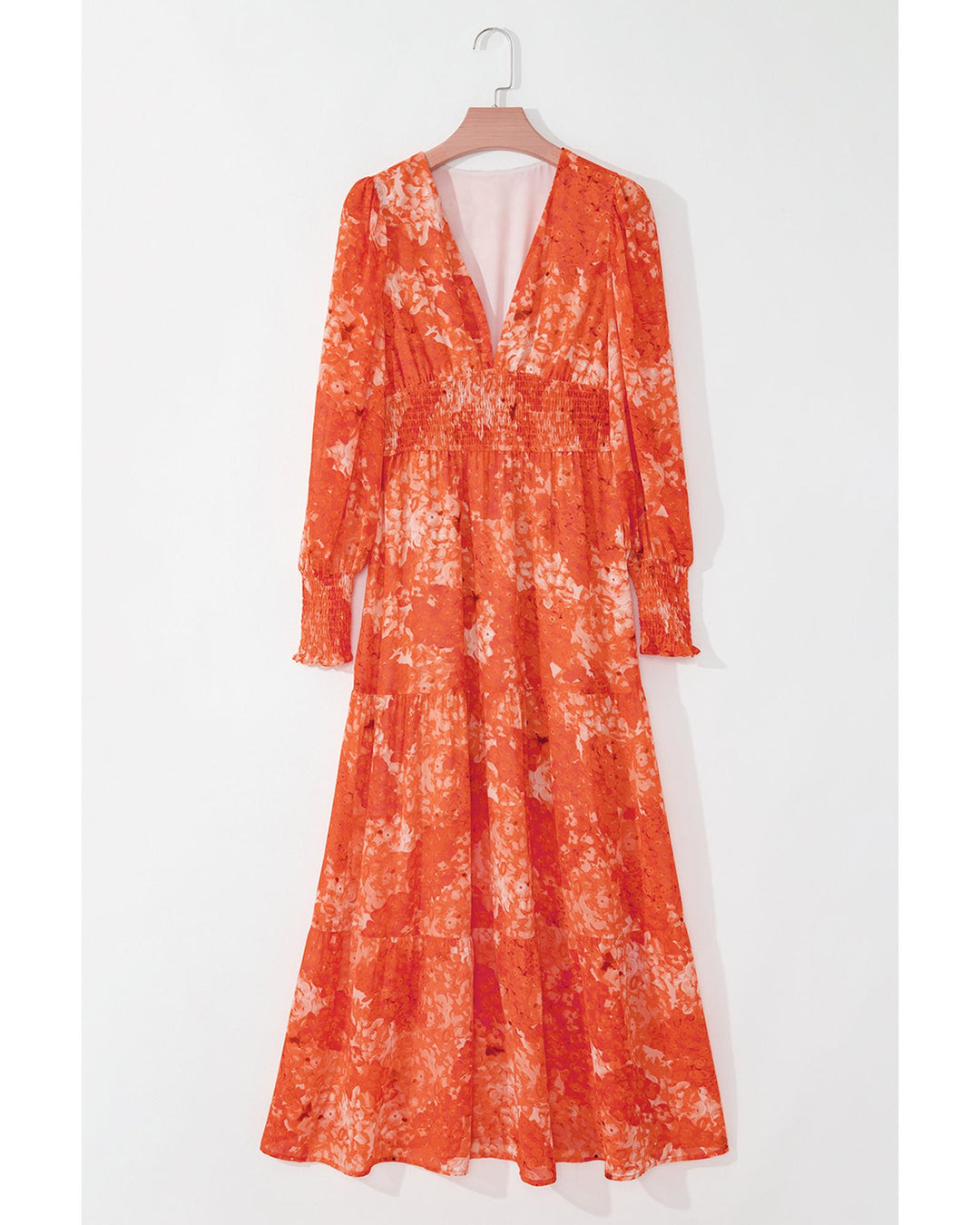 Orange Boho Floral Bishop Sleeve V Neck Tiered Maxi Dress - S