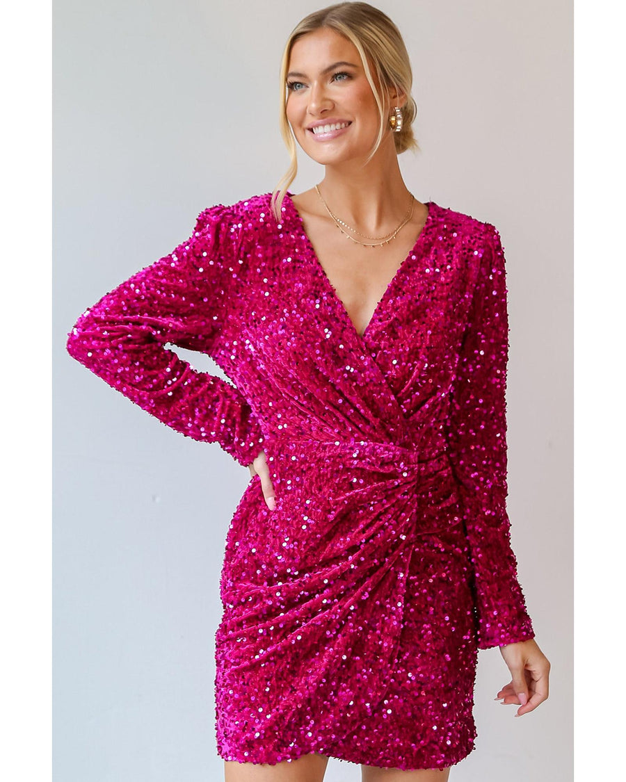 Pitaya Pink Velvet Sequin Long Sleeve V Neck Wrapped Mini Dress - M