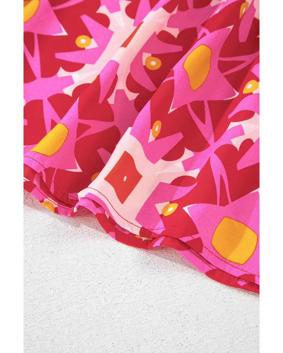 Strawberry Pink Geometric Print Smocked Long Sleeve Mini Dress - M