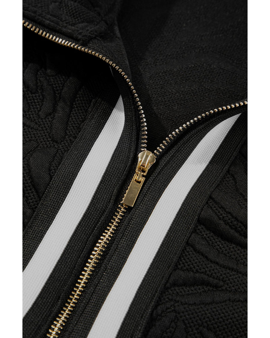 Black Jacquard Textured Quarter Zipper Shift Mini Dress - XL