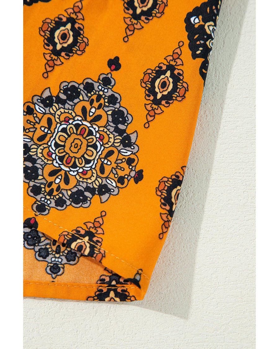 Orange Western Geometric Print Tiered Frilled Loose Fit Midi Dress - L