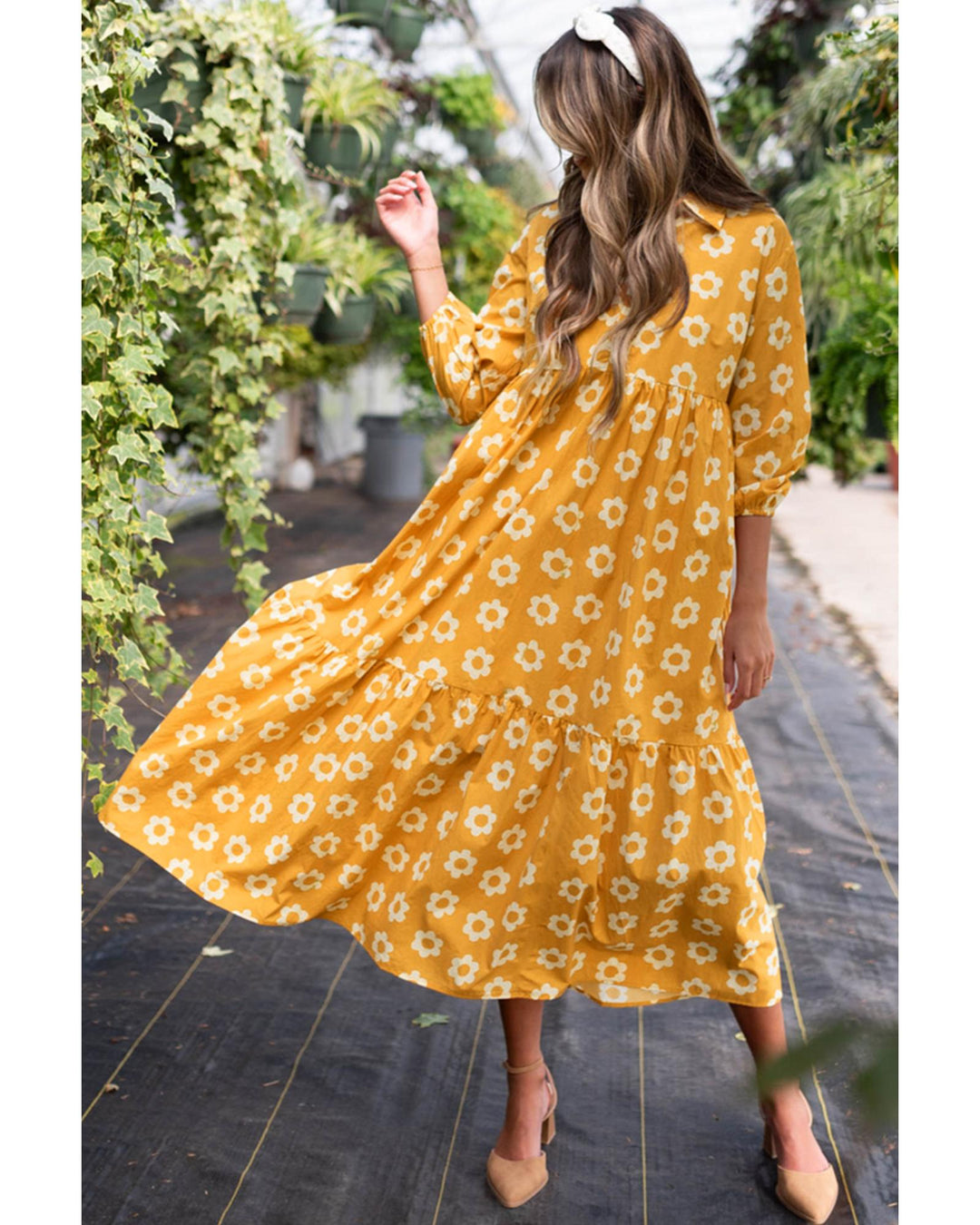 Yellow Flower Print Bracelet Sleeve Buttons Collared Maxi Dress - L