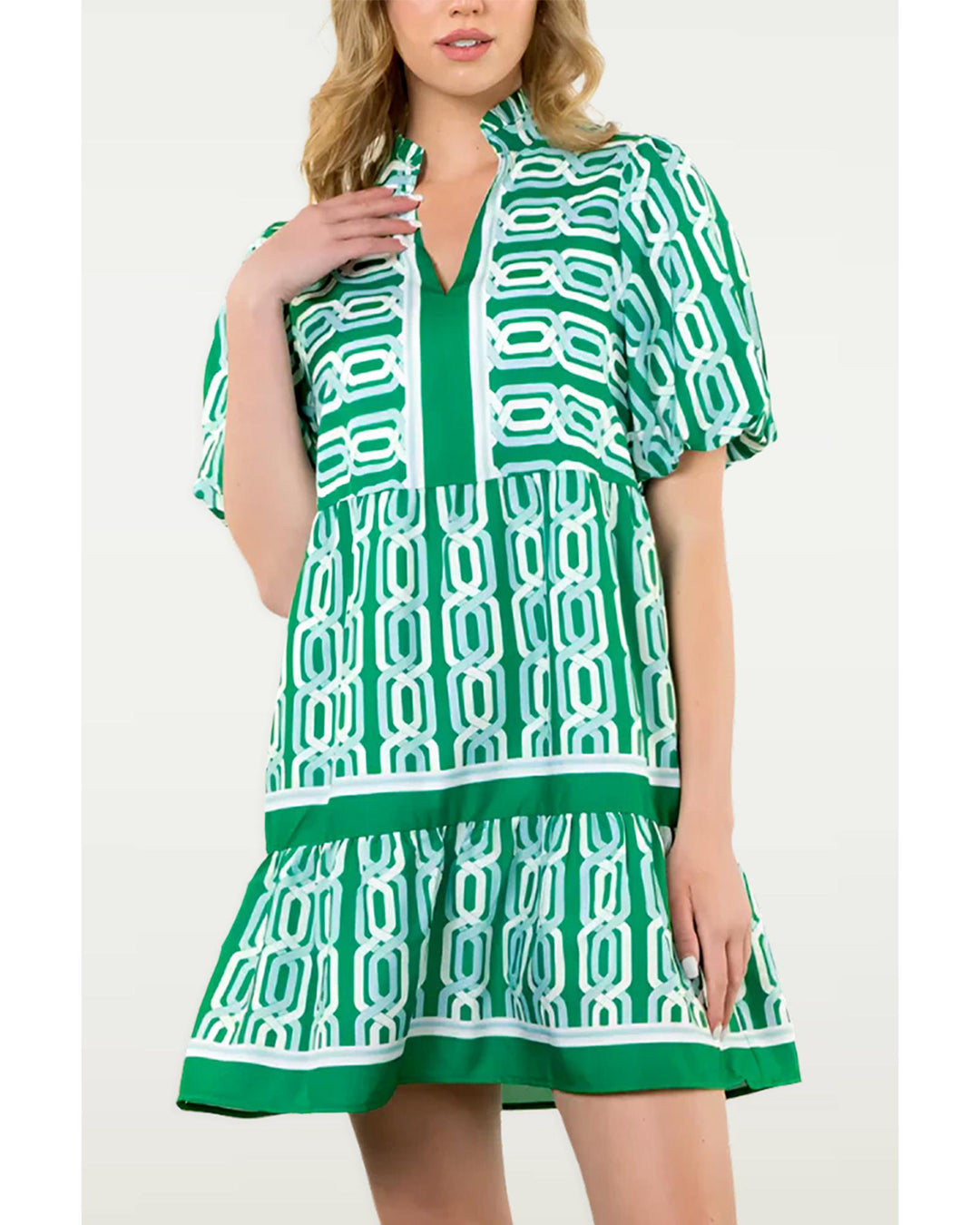 Bright Green Abstract Patterned V Neck Puff Short Sleeve Mini Dress - M