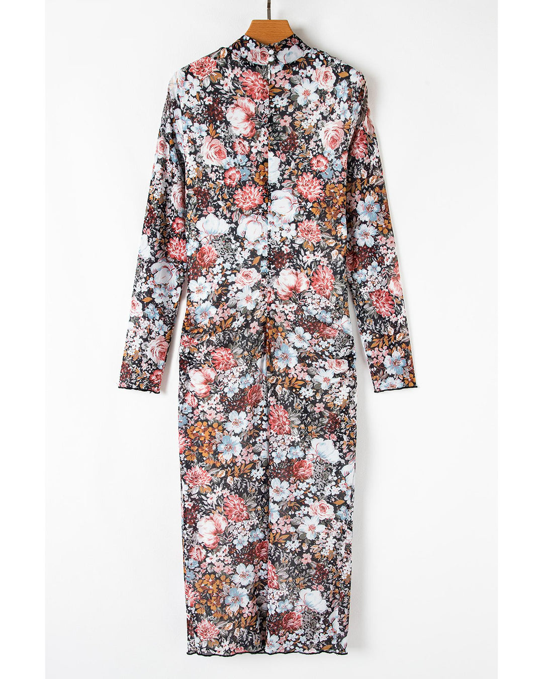 Brown Floral Allover Print Mock Neck Bodycon Long Sleeve Midi Dress - S