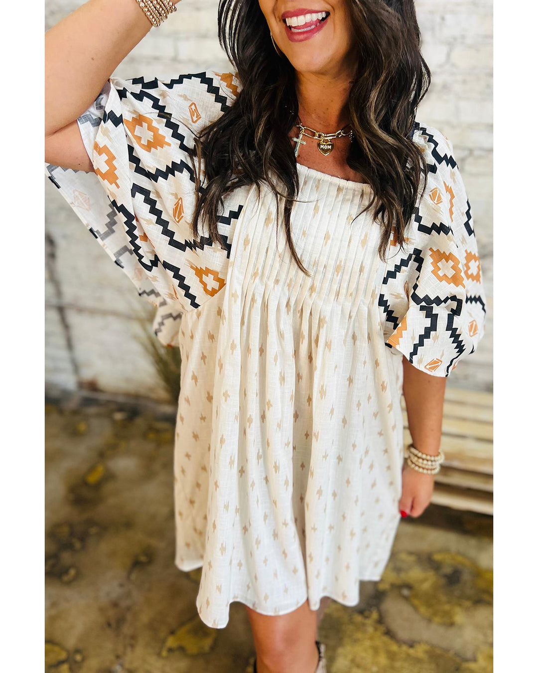 Beige Western Aztec Print Pleated Square Neck Loose Mini Dress - L