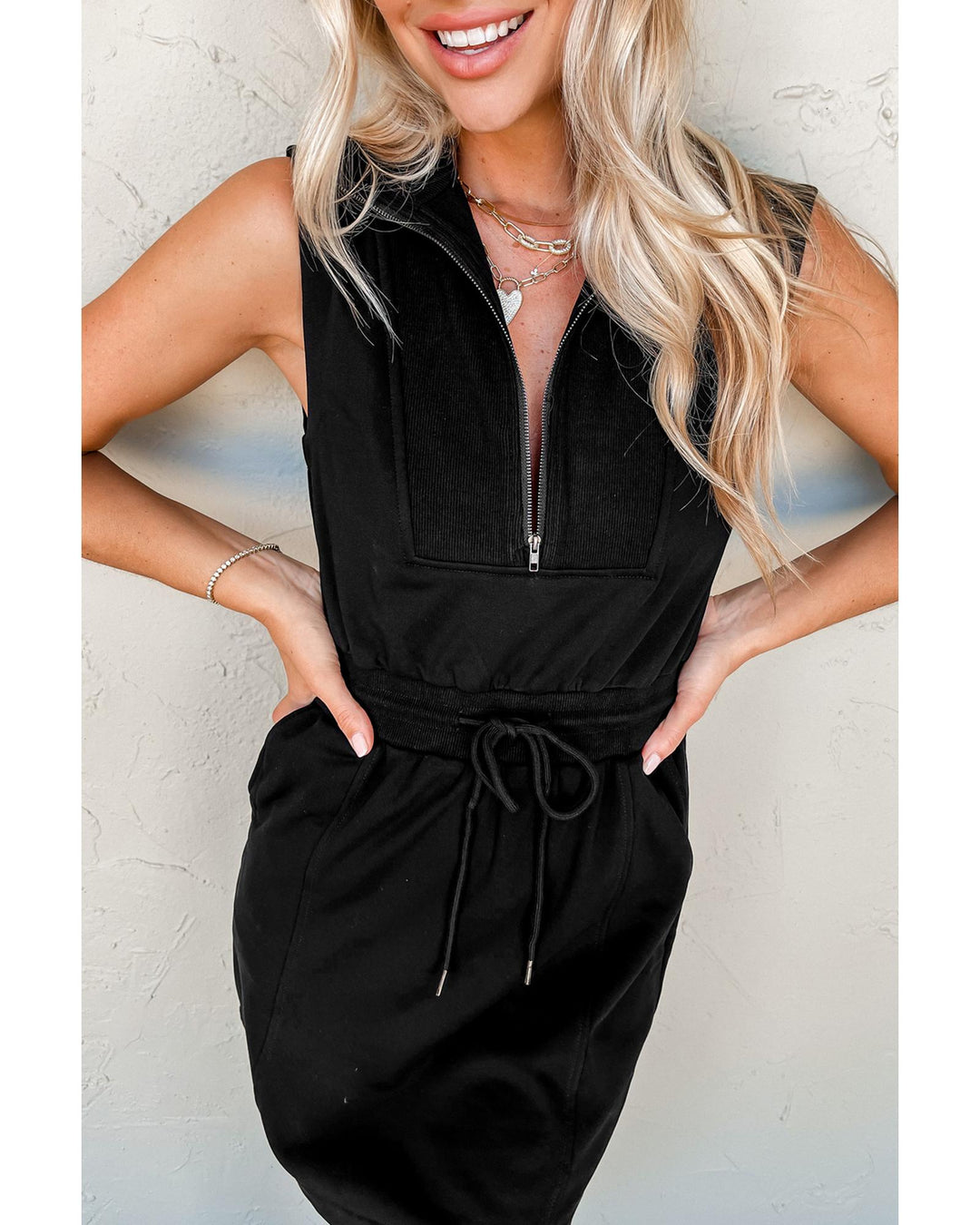Black French Terry Zipped Collar Sleeveless Drawstring Waist Mini Dress - M