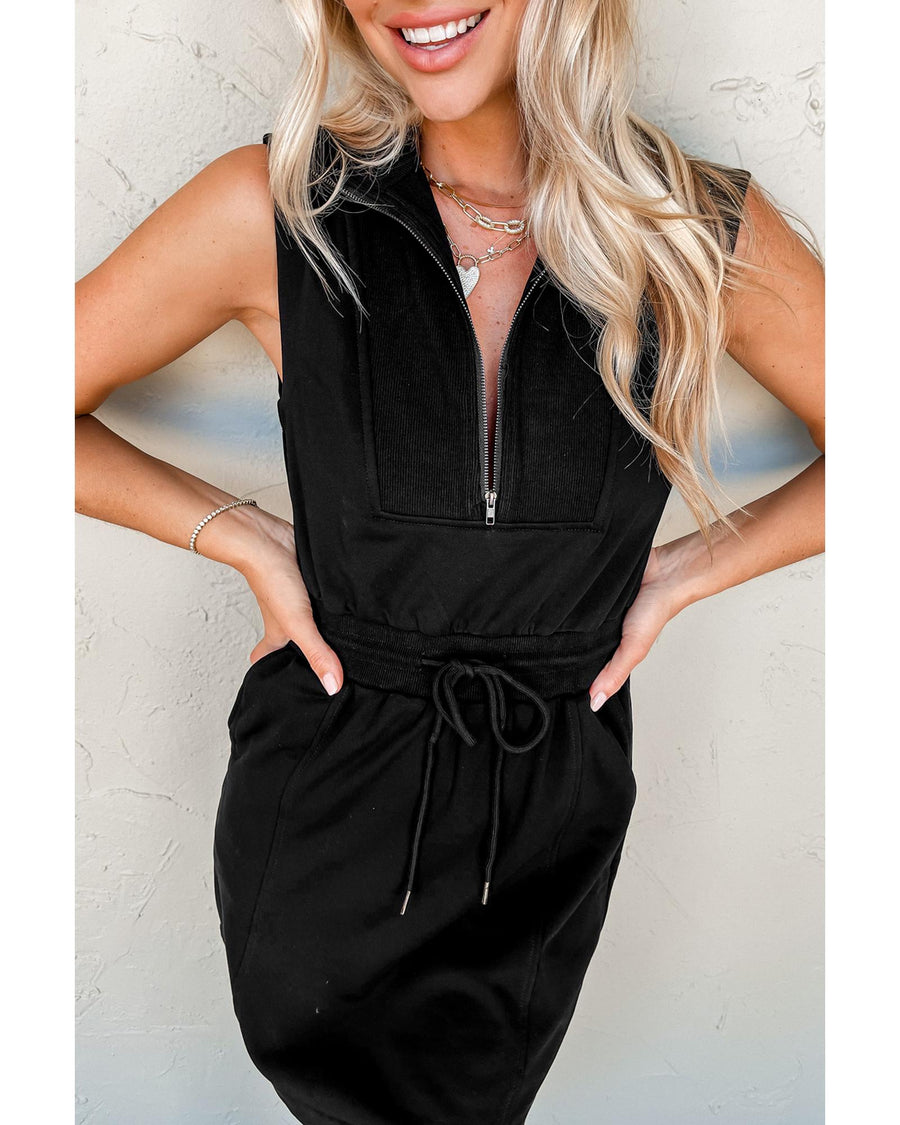 Black French Terry Zipped Collar Sleeveless Drawstring Waist Mini Dress - XL