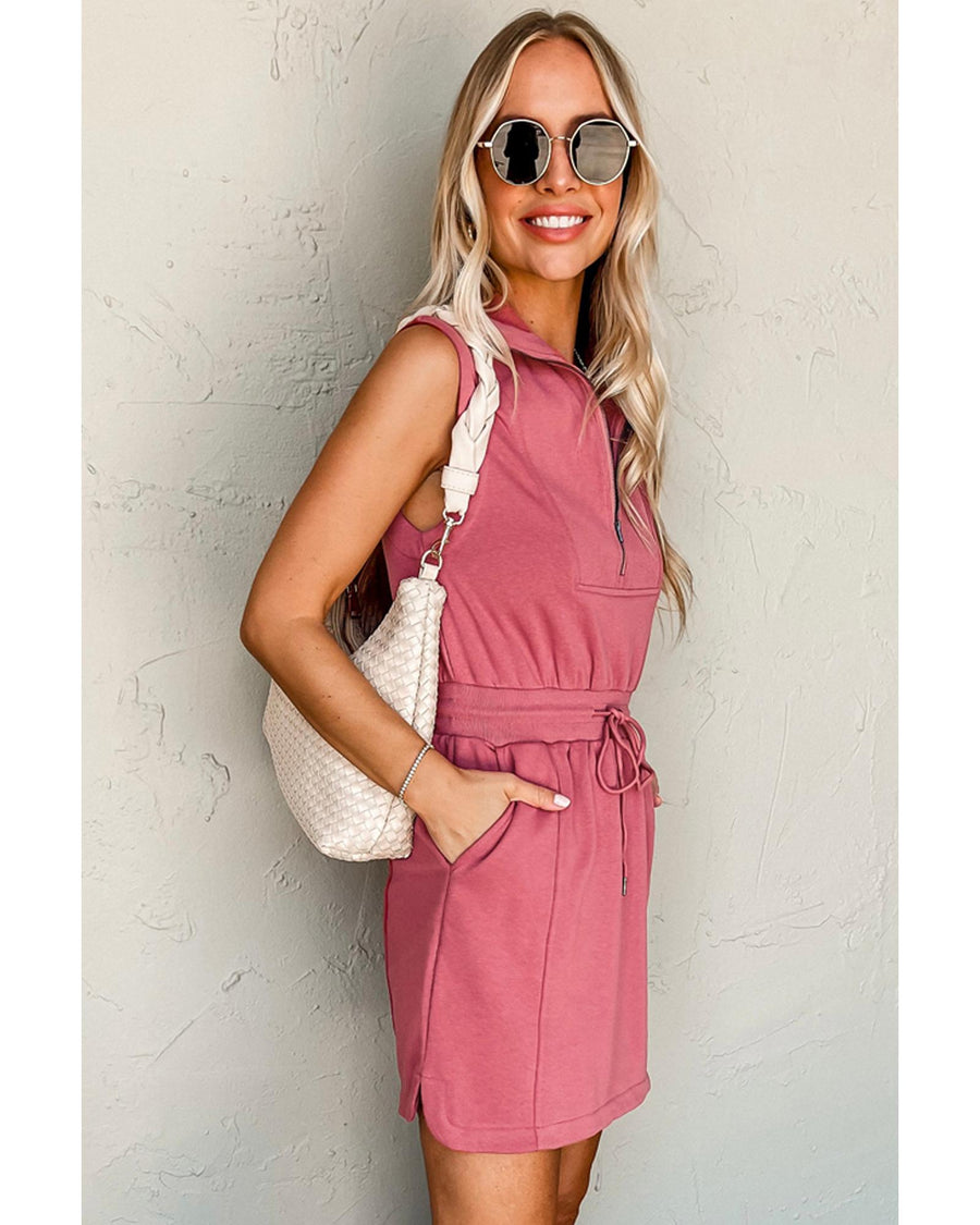 Mineral Red French Terry Zipped Collar Sleeveless Drawstring Waist Mini Dress - M