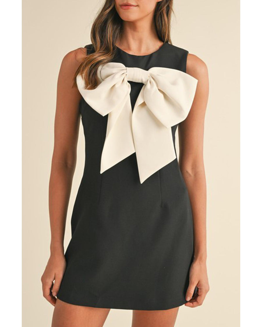 Black Contrast Bowknot Applique Crew Neck Sleeveless Mini Dress - L