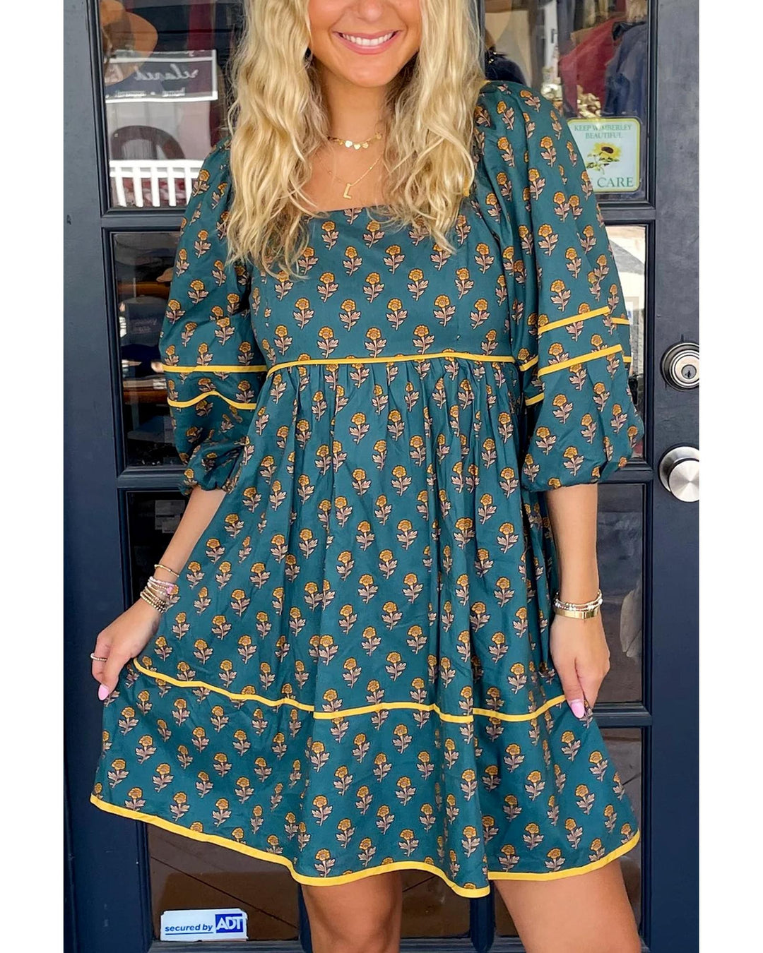 Skobeloff Floral Contrast Trim Square Neck Puff Sleeve Dress - L