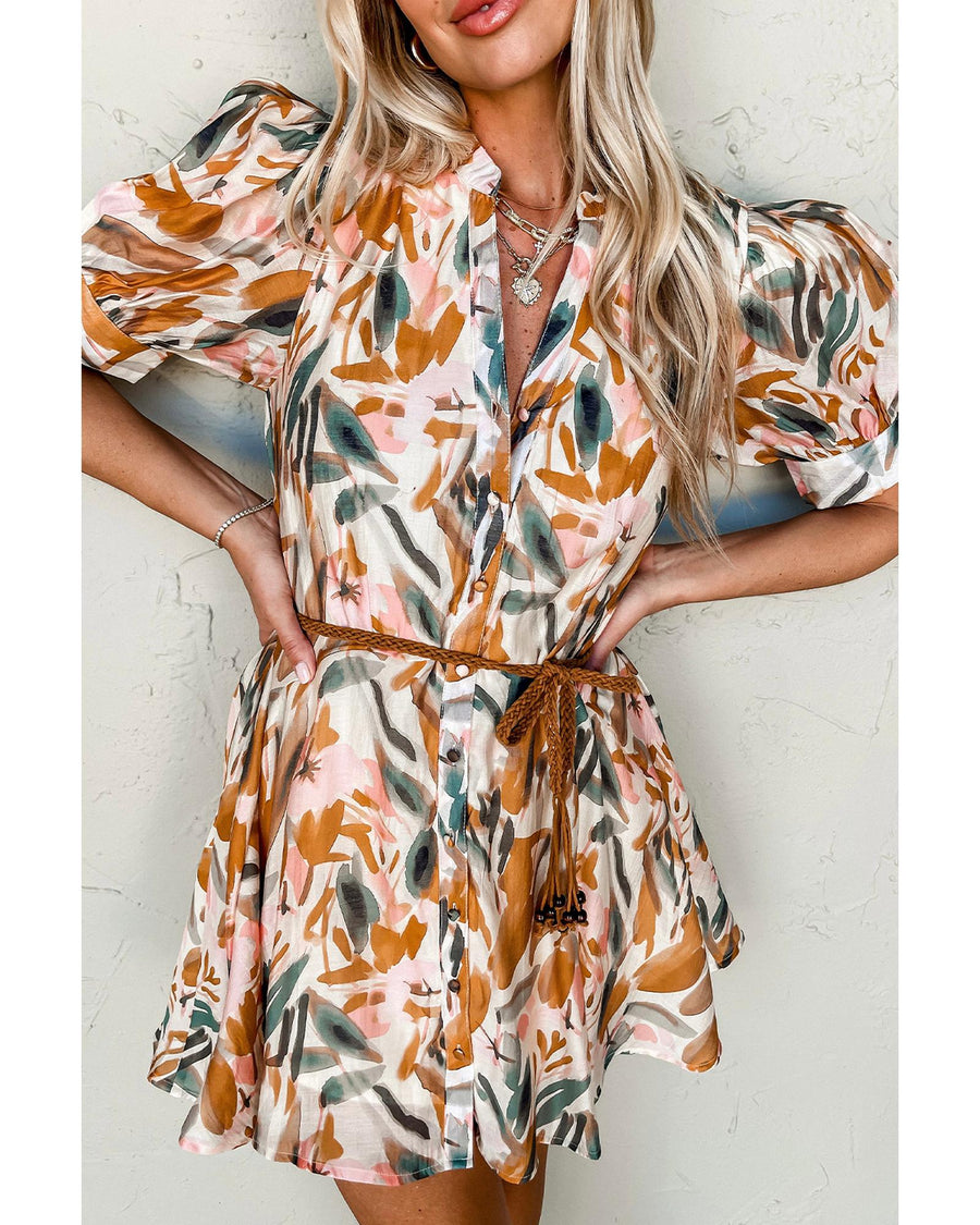 Brown Abstract Printed Puff Sleeve Button Up Braided Belt Mini Dress - L