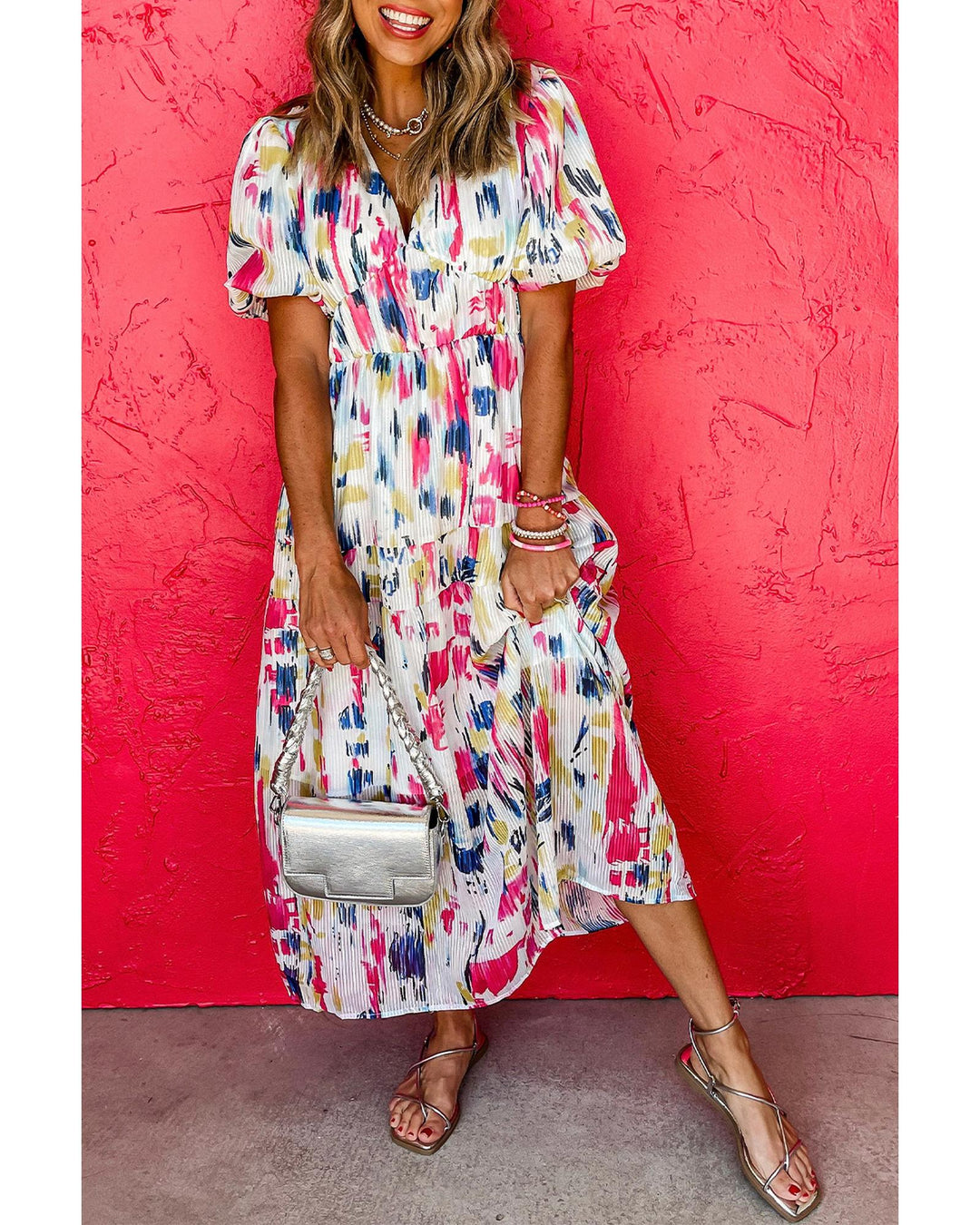 Rose Abstract Print Short Puff Sleeve Tiered Maxi Dress - S