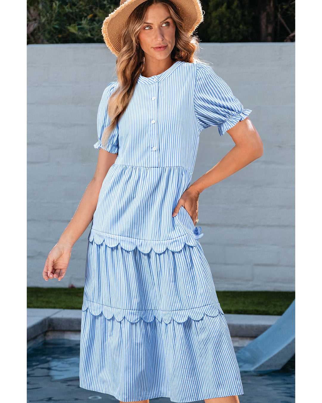 Sky Blue Stripe Bubble Short Sleeve Tiered Scallop Long Dress - S