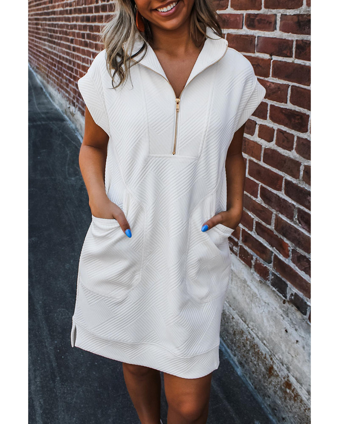 White Textured Half Zip Collared Cap Sleeve Mini Dress - S