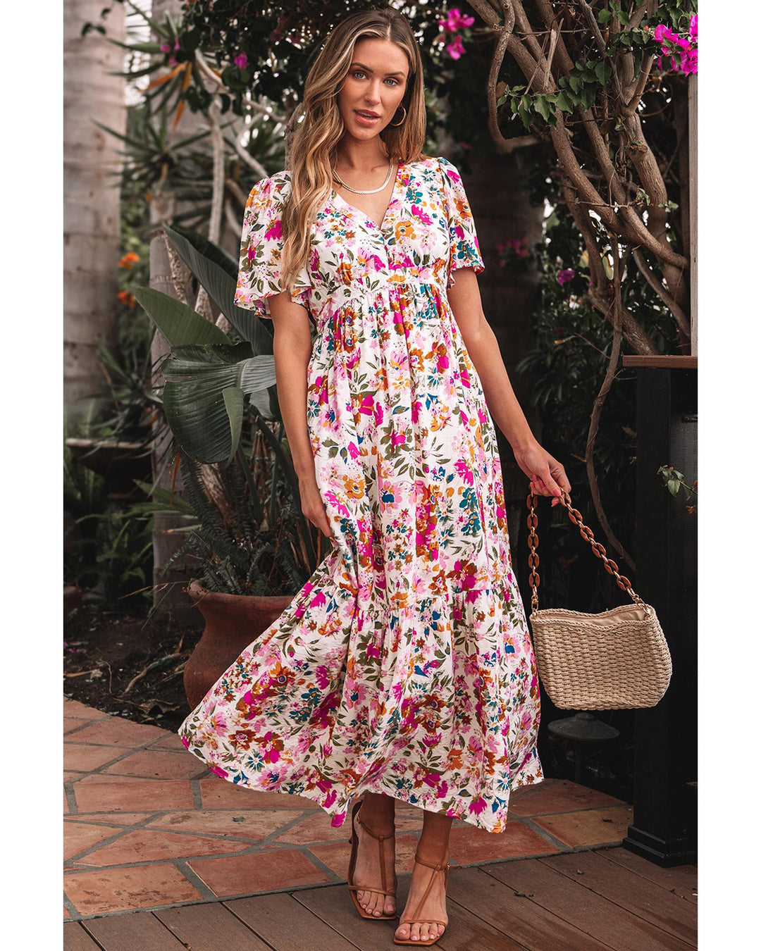 Red Floral Short Sleeve V Neck High Waist Maxi Dress - M
