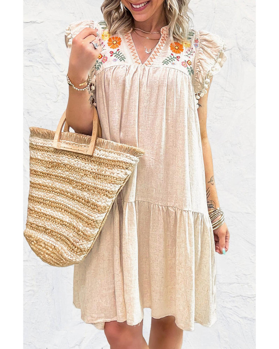 Jet Stream Linen Embroidery Split Neck Pom Pom Ruffle Sleeves Flowy Short Dress - M
