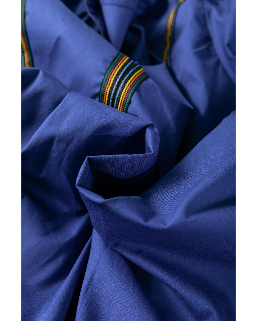 Bluing Colorful Striped Trim Puff Sleeve Pleated Mini Dress - XL