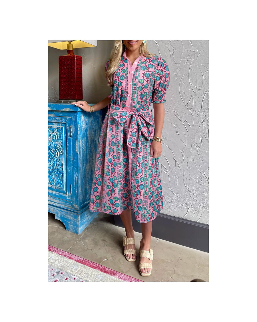 Pink Floral Shirred Puff Sleeve Buttoned Front Midi Dress with Sash - M