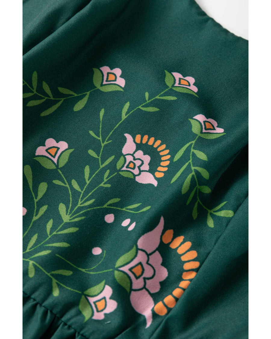 Blackish Green Floral Smocked Back Tied Straps Tiered Maxi Dress - L