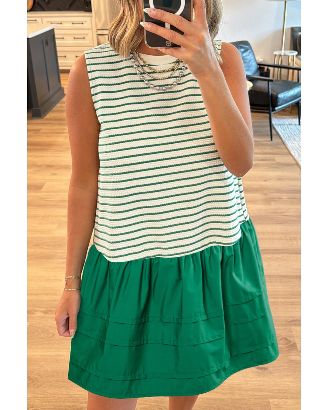 Green Stripe Woven Ruffled Sleeveless Mini Dress - M