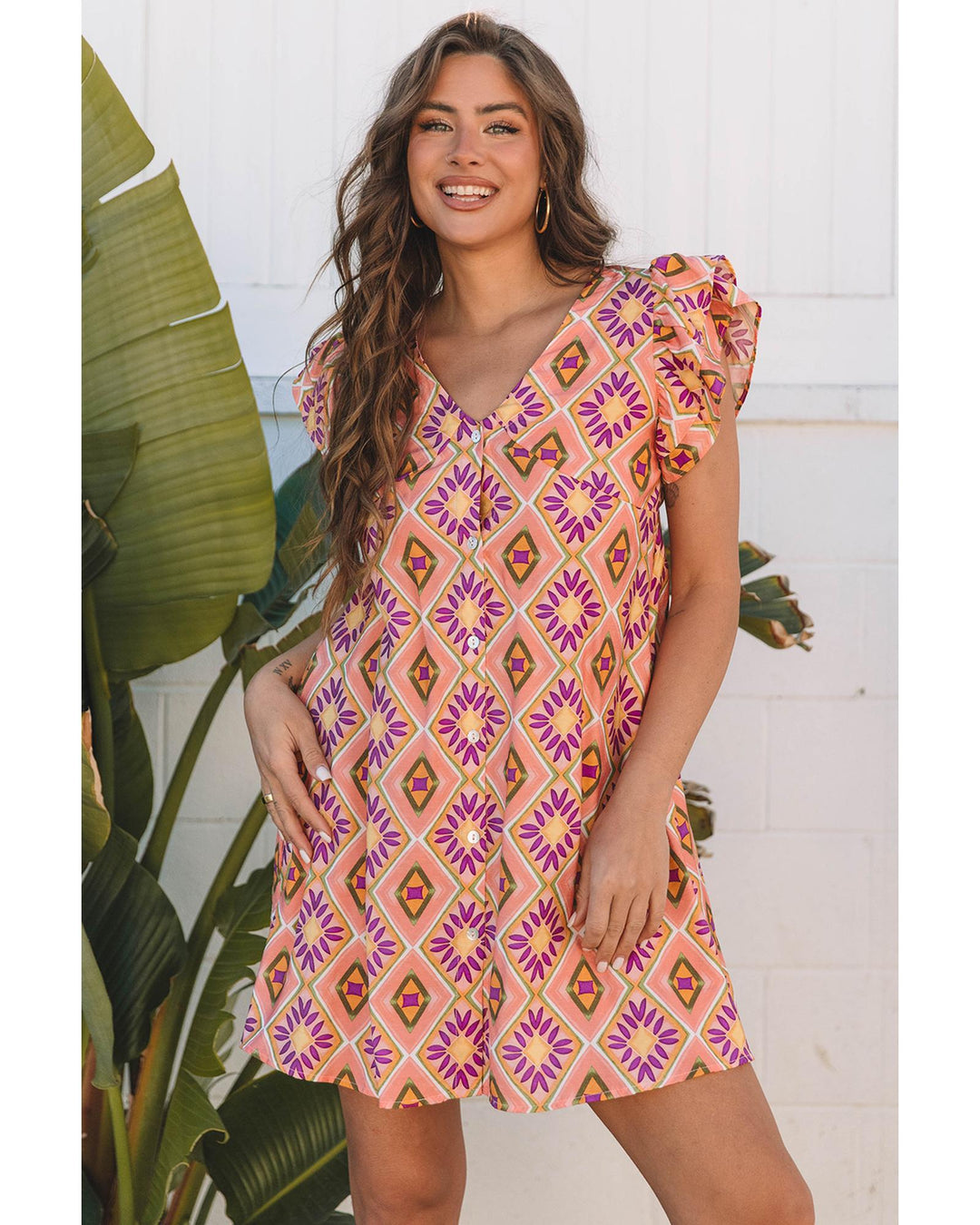 Orange Geometric Floral V Neck Buttoned Ruffled Sleeve Mini Dress - S