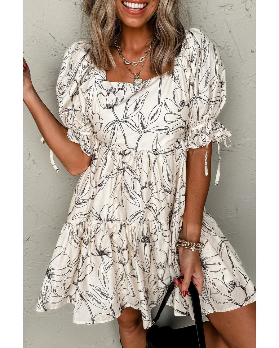Beige Floral Print Square Neck Shirred Back Puff Sleeve Mini Dress - L