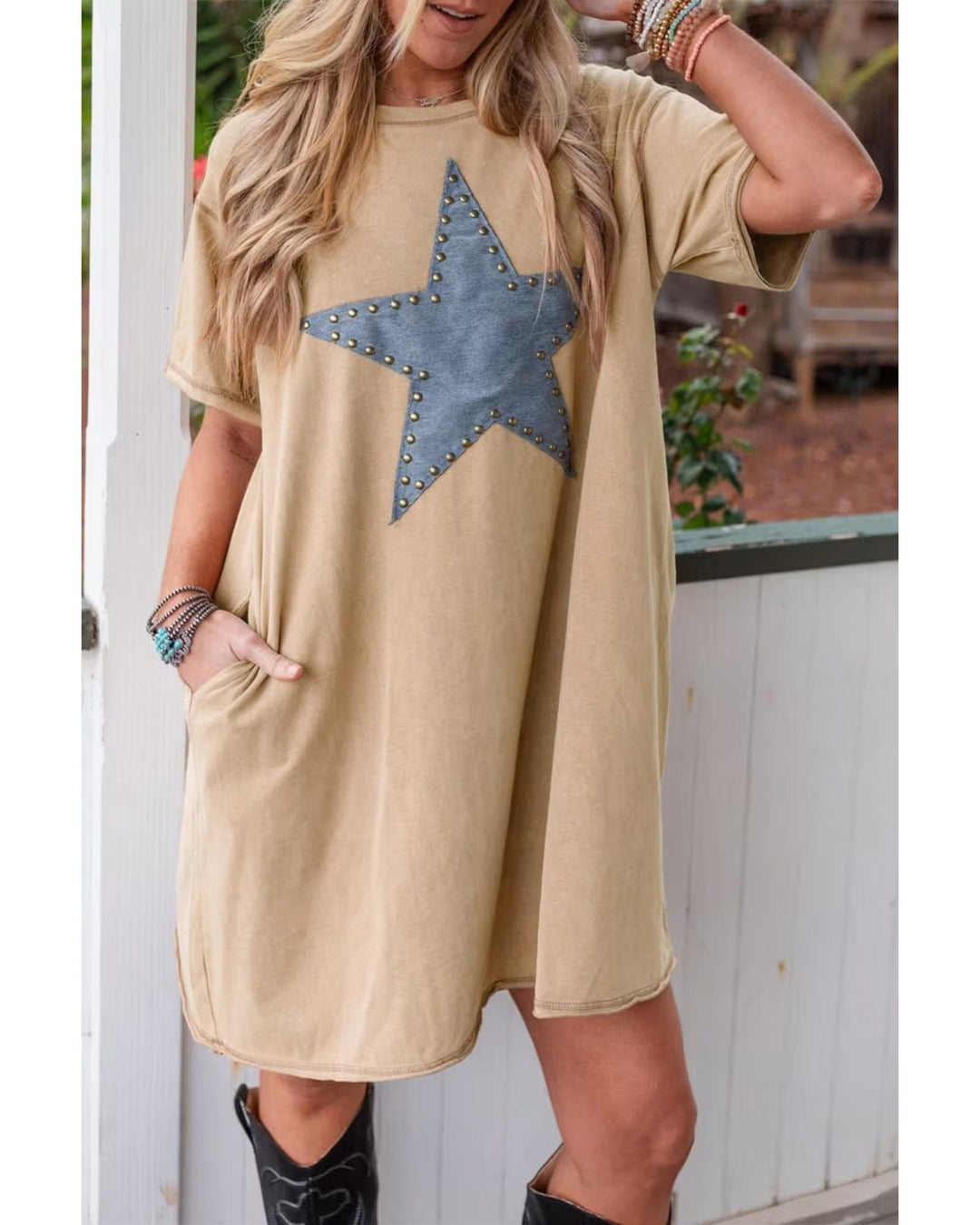 Pale Khaki Mineral Wash Stud Beaded Star Graphic Pocketed T Shirt Dress - S