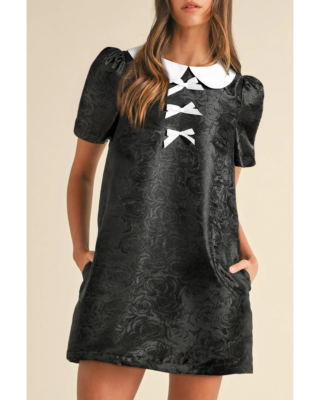 Black Floral Embossed Puff Sleeve Colorblock Bow Collared Mini Dress - XL