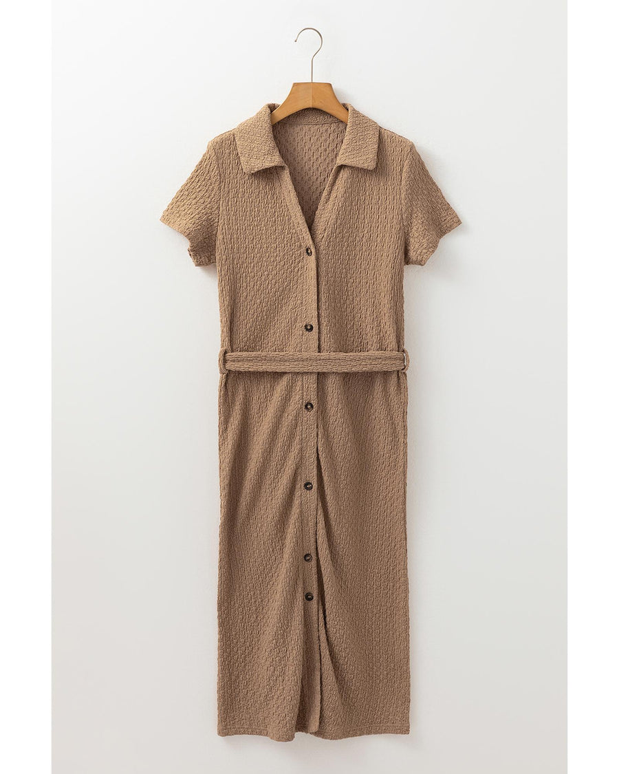 Buckskin Short Sleeve Textured Button Up Tie Waist Long Dress - L