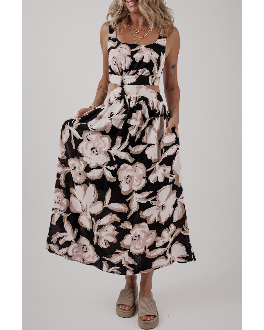 Black Floral Cutout Square Neck Knot Back Sleeveless Maxi Dress - XL