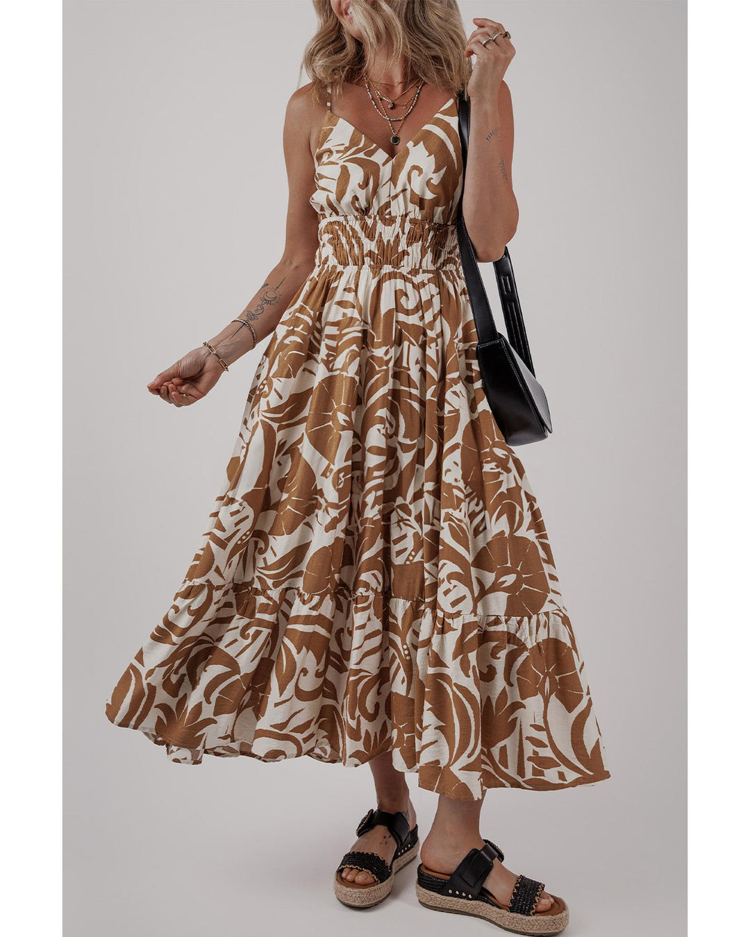 Khaki Floral Shirred High Waist Spaghetti Straps Maxi Dress - M