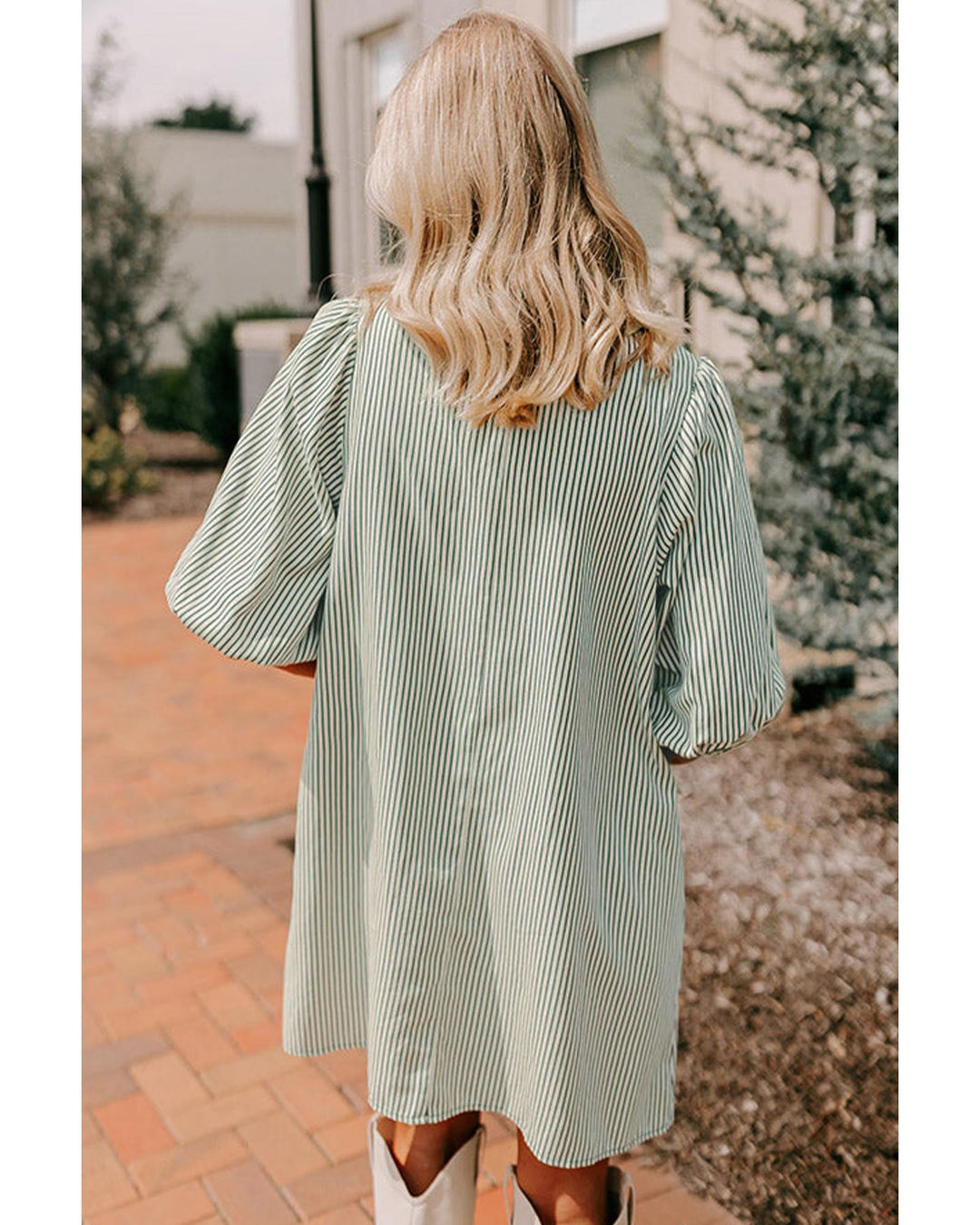 Green Patch Pockets Button Down Short Puff Sleeve Dress - L