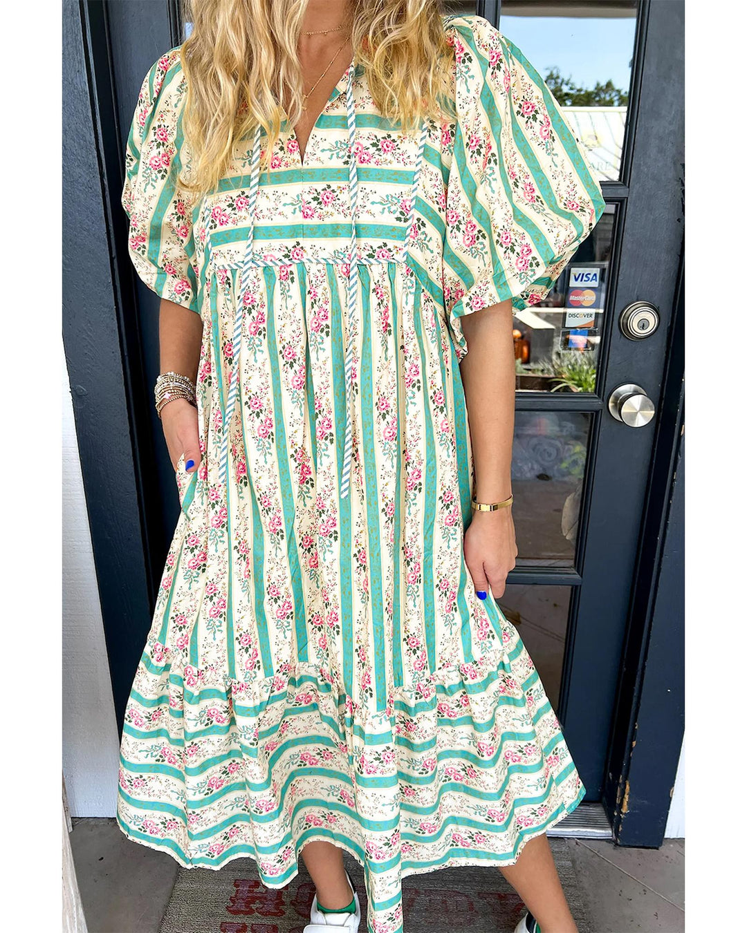 Multicolour Striped Floral Print Tie Split Neck Puff Sleeve Midi Dress - XL