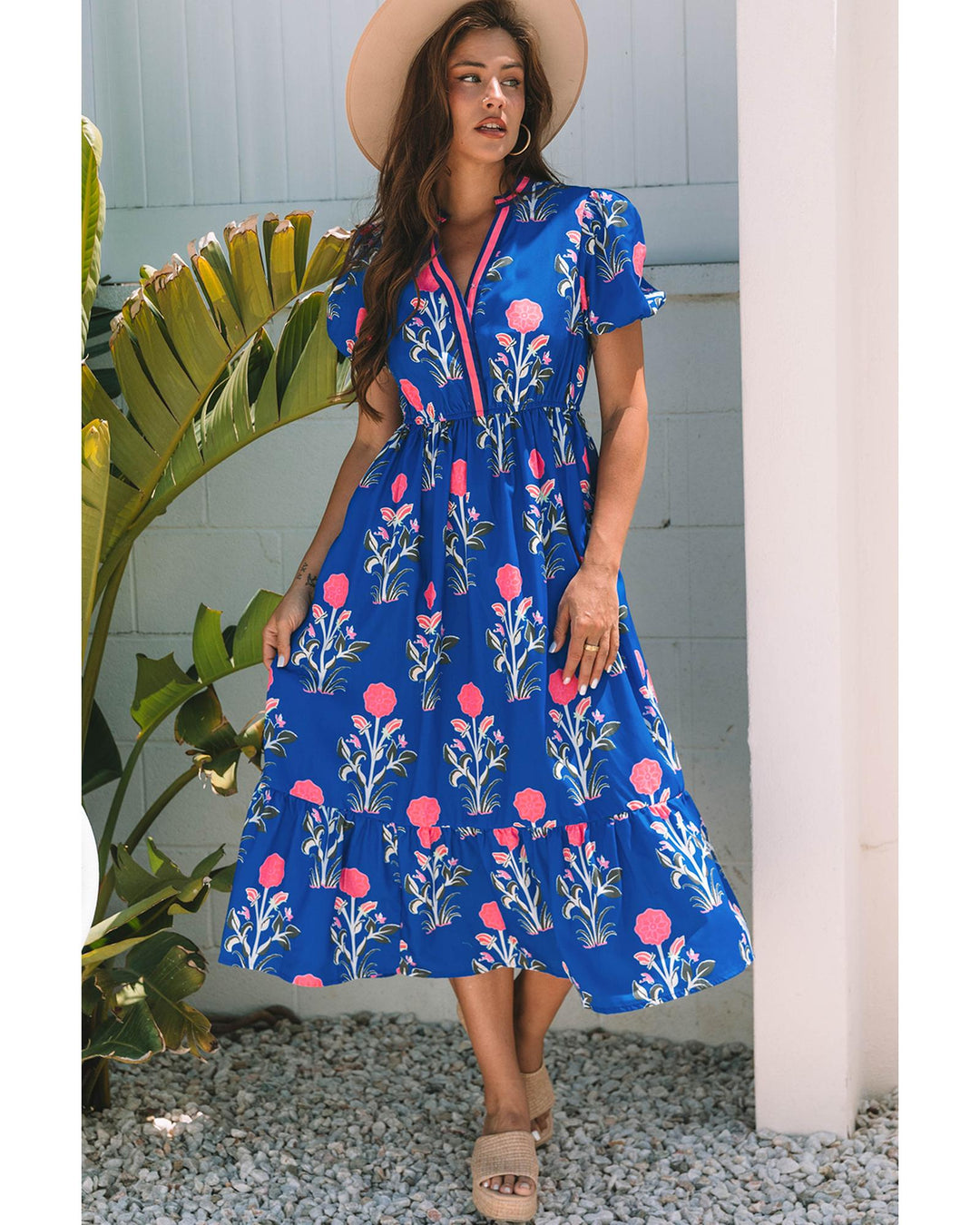 Sky Blue Floral Puff Short Sleeve V Neck High Waist Maxi Dress - L