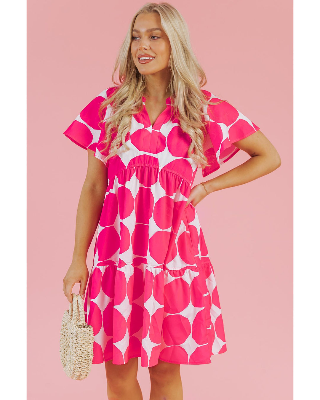 Rose Polka Dot Flutter Sleeve Notched Neck Tiered Flowy Dress - M