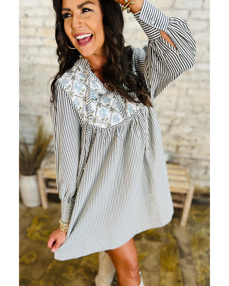 Black Stripe Floral Patchwork Tied V Neck Shift Long Sleeve Mini Dress - XL