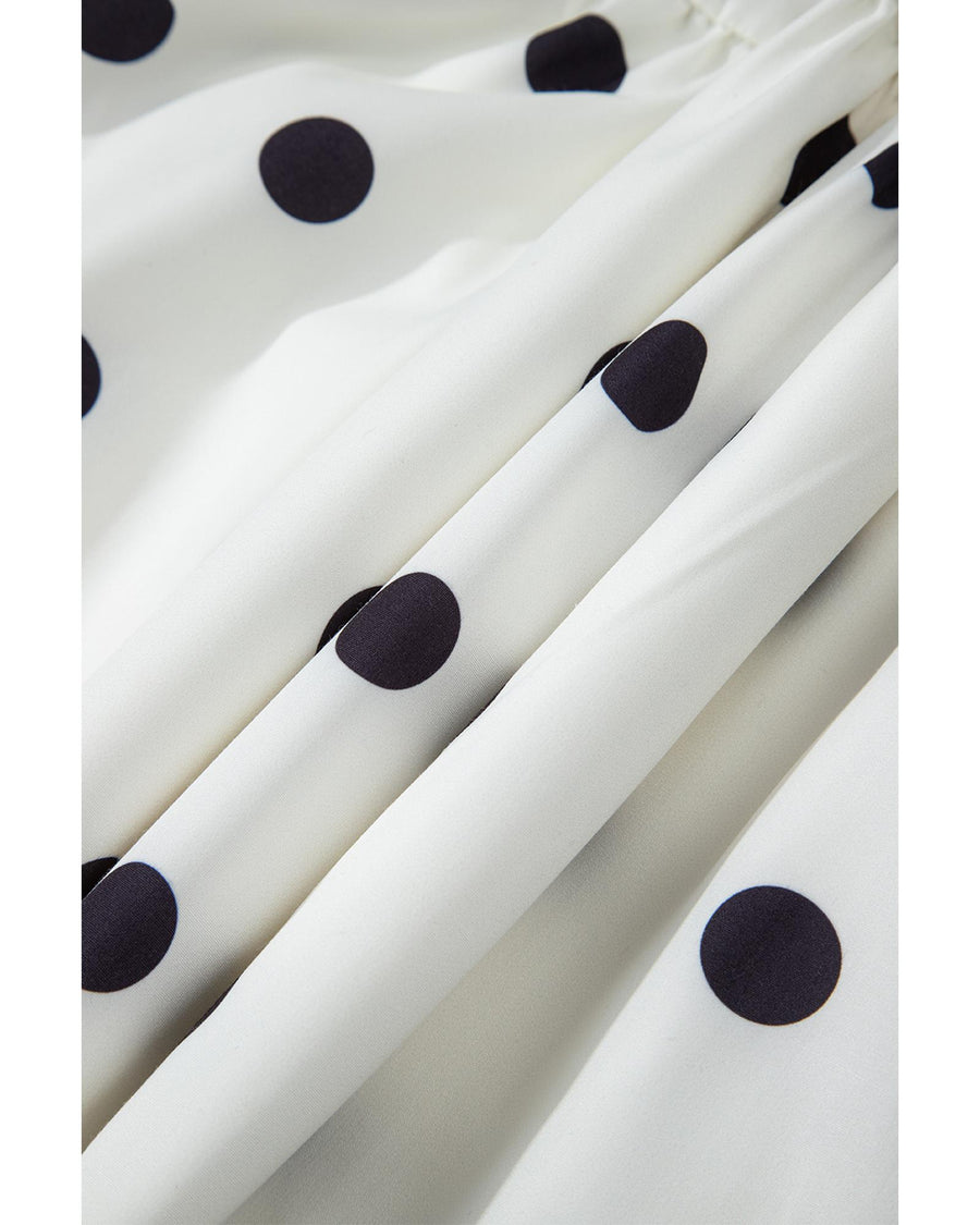 White Polka Dot Print Short Sleeve Collar Buttoned Tiered Babydoll Dress - XL