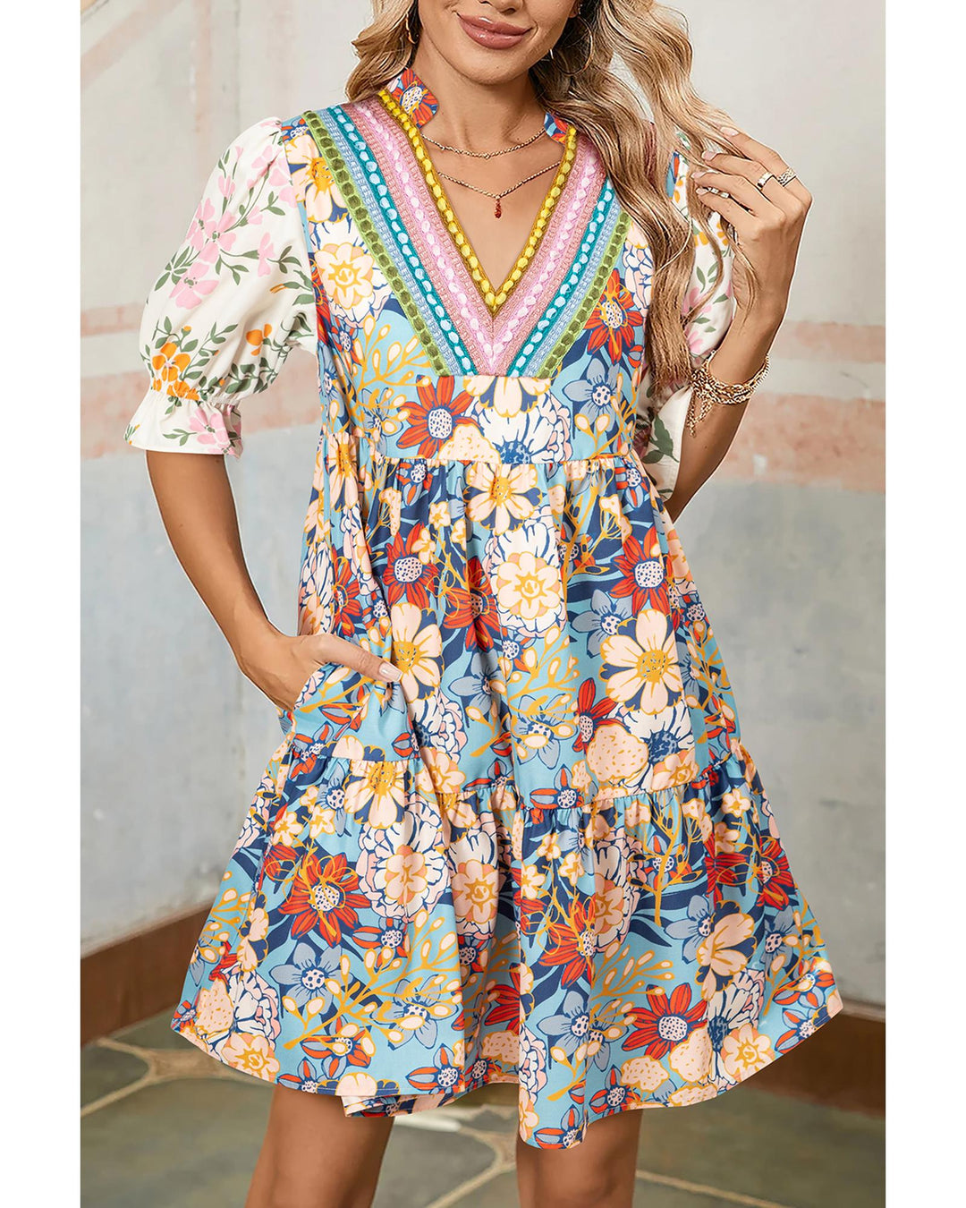 Multicolour Boho Floral Print Crochet Patchwork V Neck Loose Mini Dress - S