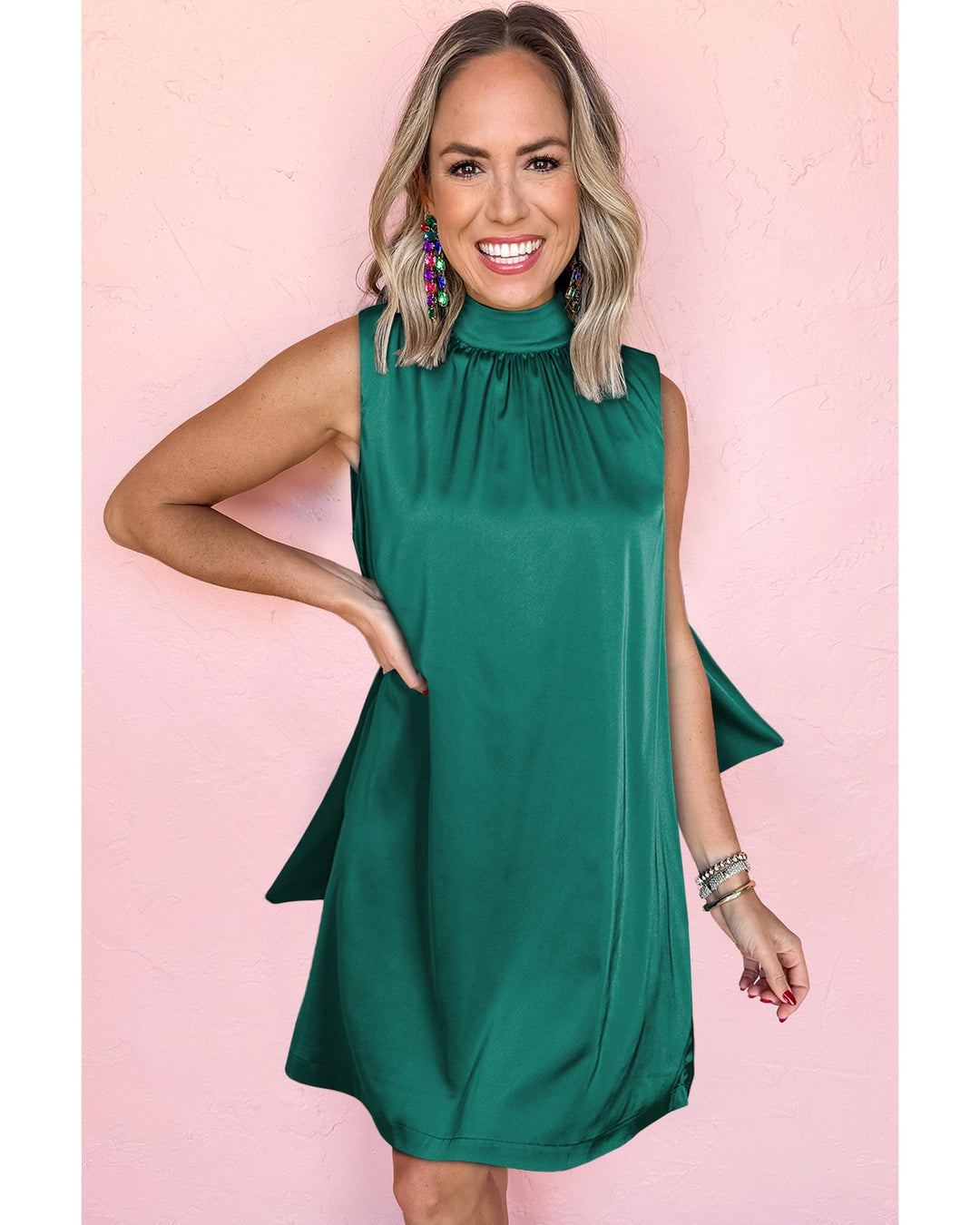 Evergreen Bow Tie Satin Shift Sleeveless Mini Dress - L