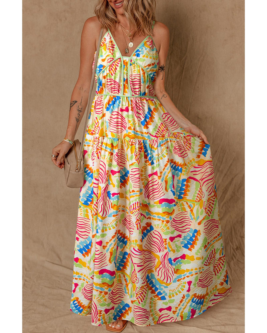 Orange Abstract Print Spaghetti Strap Piping Detail Maxi Dres - S