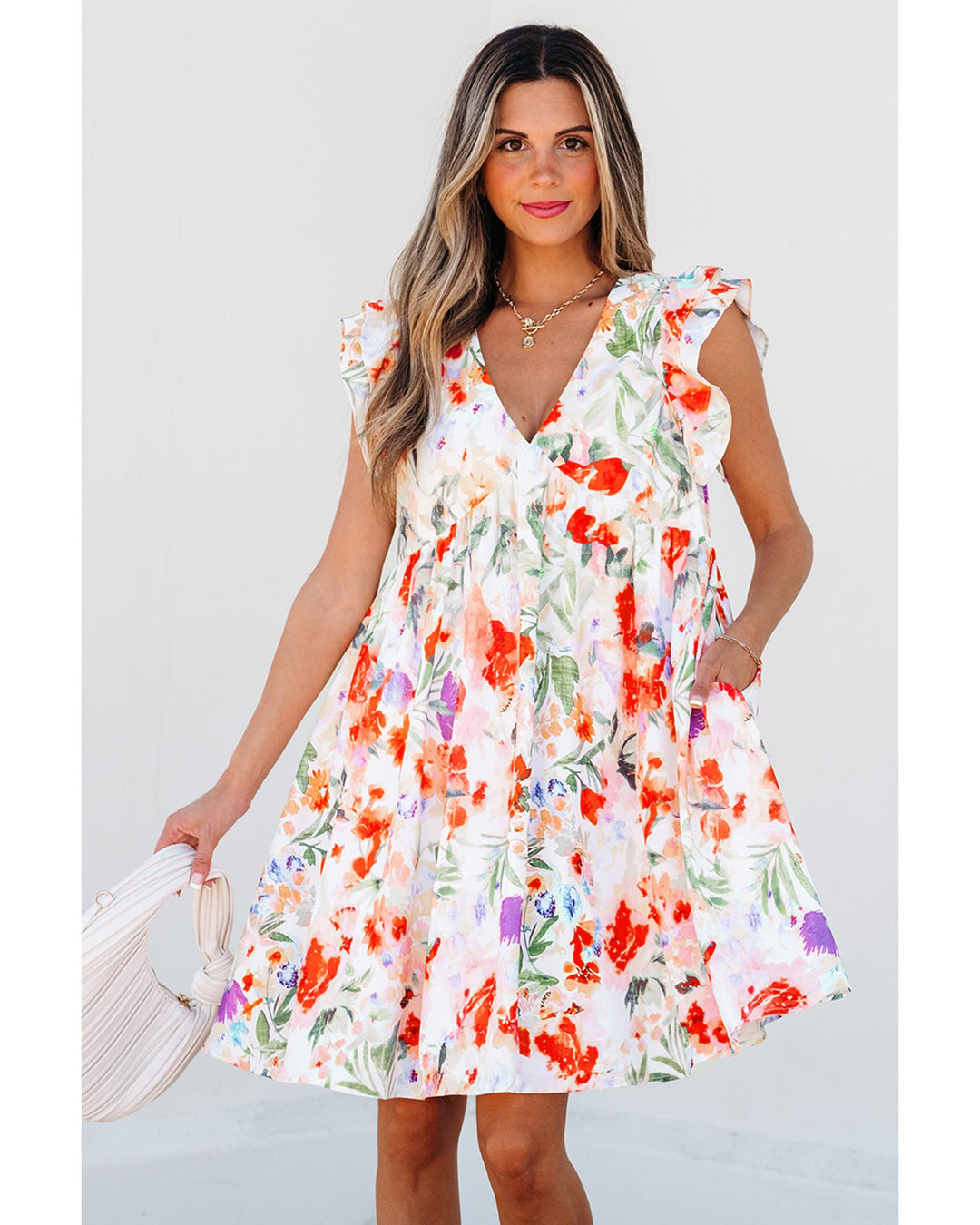 Pink Floral Double Ruffle Sleeve V Neck High Waist Mini Dress - S