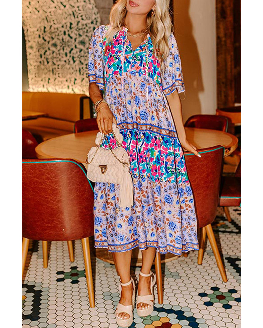 Sky Blue Mixed Floral Print Tie Split Neck Short Sleeve Dress - M