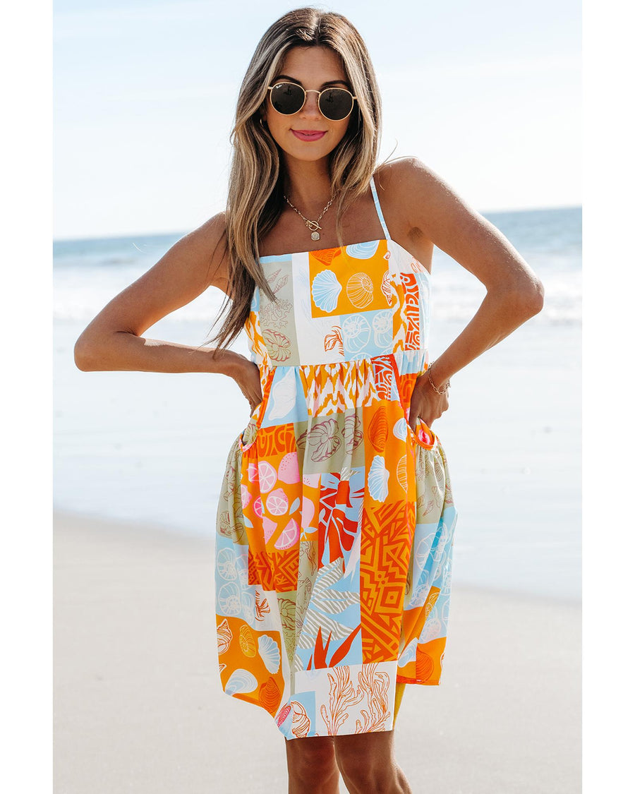 Orange Seashell Patchwork Print Self-tie Flowy Sundress - XL
