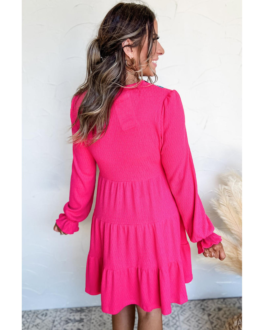 Rose Red Colorful Crochet V Neck Textured Tiered Ruffled Long Sleeve Mini Dress - XL