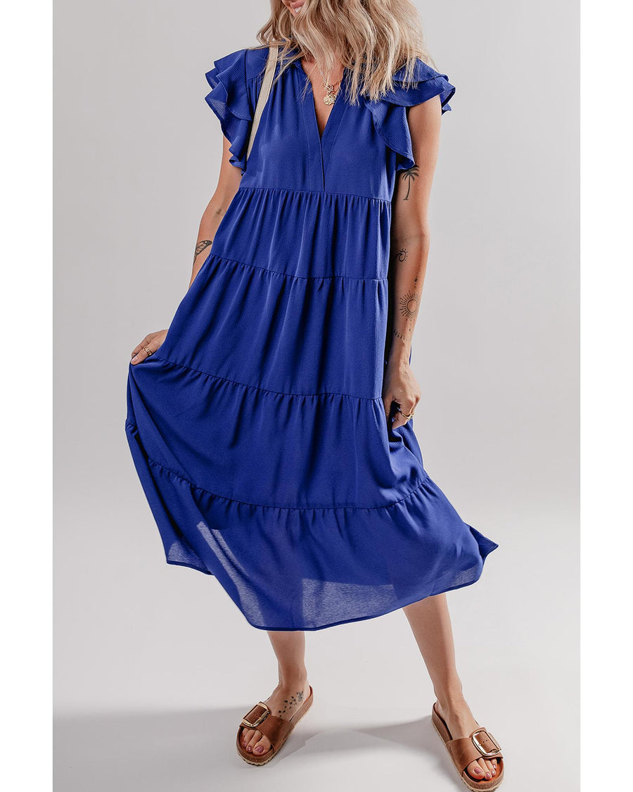 Bluing Ruffled Short Sleeve Collared V Neck Tiered Midi Dress - S