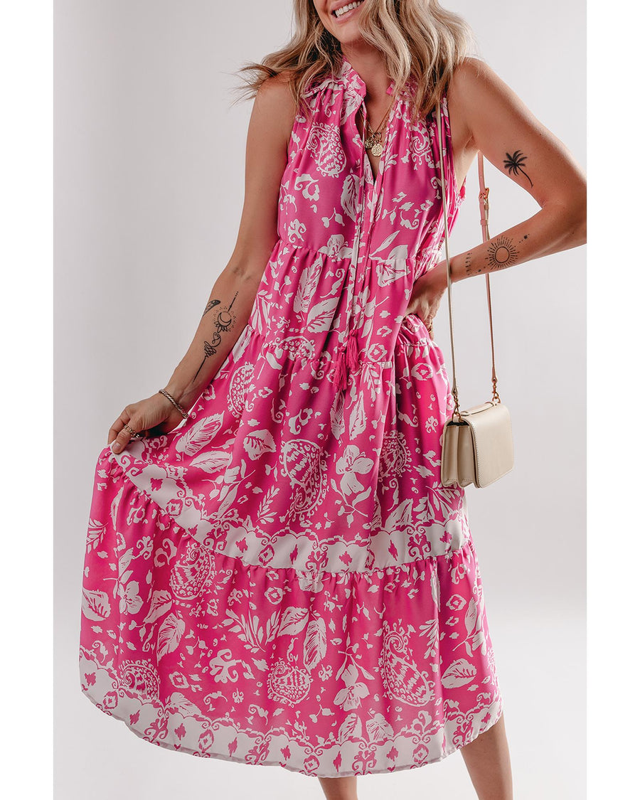Rose Floral Sleeveless Tasseled Lace-up Neck Tiered Midi Dress - XL