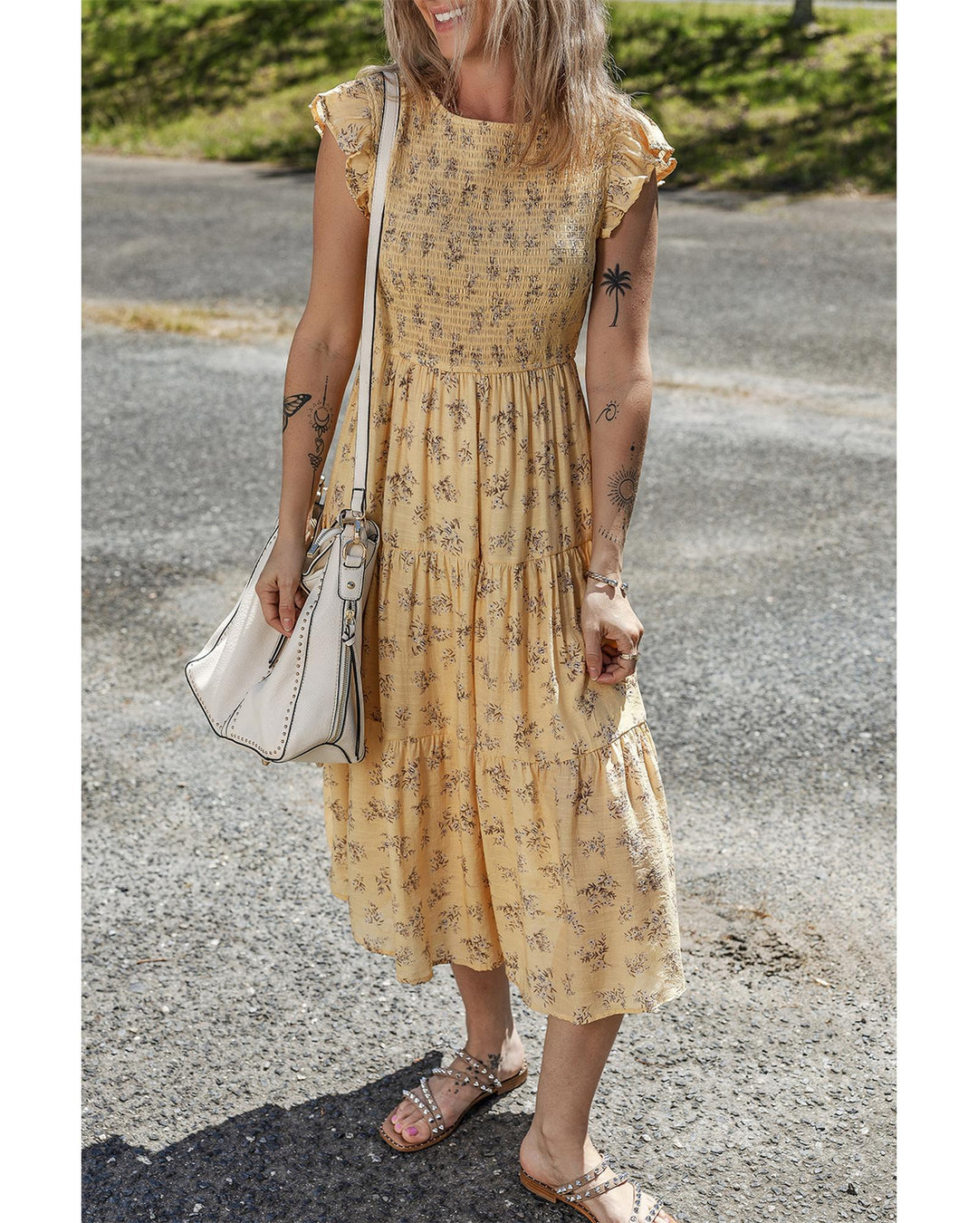 Yellow Boho Floral Print Ruffle Smocked Flowy Summer Dress - L